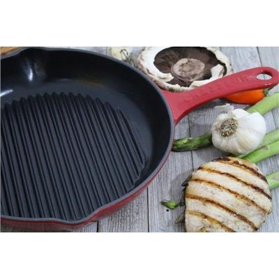 Chasseur 10-inch Red Round French Enameled Cast Iron Grill Pan - 16l x 11w x 2.5h
