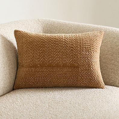 Sashiko Organic Cotton Velvet 22"x15" Camel Tan Throw Pillow with Down-Alternative Insert