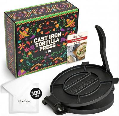 Amazon.com: Uno Casa Cast Iron Tortilla Press 10 Inch - Tortilla Maker Press, Pre-Seasoned Roti Maker with 100 Pcs Parchment Paper - Heavy Duty Quesad