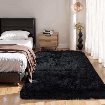 KCHOWUA Black Fluffy Rug 4x6 - Ultra Soft Washable Shaggy Carpet, Thick Plush Fuzzy Faux Fur Area Rug, Non-Slip Cozy Floor Rug for Bedroom, Living Roo