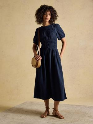 Ella Navy Double Cloth Cotton Midi Dress | Joules