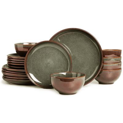 Pokini 18-Piece Stoneware Dinnerware Sets, Plates and Bowls Dish Sets for 6, Brown Green - Walmart.com
