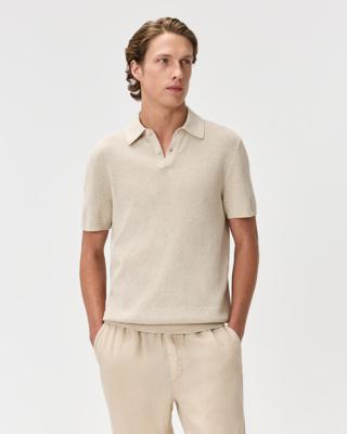 100% Organic Cotton Mesh-Stitch Sweater Polo in Speckled Beige