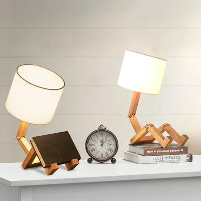 ELINKUME Robot Desk Lamp Set of 2, Creative Bedside Lamp for Bedroom,Wooden Lamp Body Adjustable,DIY E26 Living Room Table Lamps with Fabric Shade,Mod