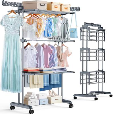 PurKeep Thicken & Durable Clothes Airer, Extra Large 4-Tier Capacity Foldable Clothes Drying Rack with Wheels, Stainless Steel Clothes Horse for Indoo
