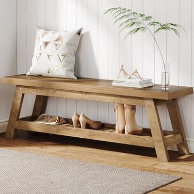 Tribesigns 55 Wood Entryway Bench with Shoe Storage, Large 2-Tier Narrow Hallway Foyer Seating Bench with Open Shelves for Entryway, Bedroom, Mudroom