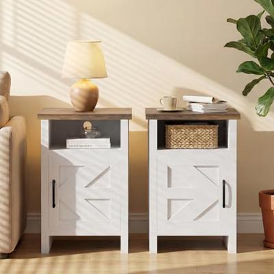 YESHOMY Farmhouse Modern Nightstand with Shelf and Barn Door, Set of 2 for Bedroom, Rustic & White
