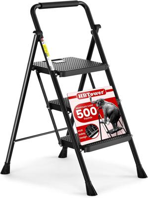 HBTower Step Ladder, Folding Step Stool with Wide Anti-Slip Pedal, Sturdy Steel Ladder, Convenient Handrail, Lightweight, Portable Steel Step Stool -