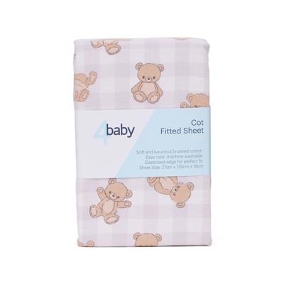 4baby Flannel Cot Fitted Sheet Gingham Teddies Lilac | Baby Bunting AU