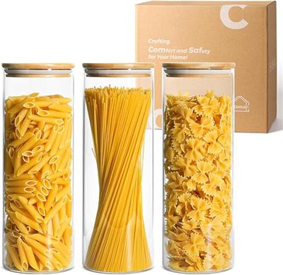 ComSaf 1.9L Glass Spaghetti Pasta Storage Container with Lids Set of 3, Tall Clear Airtight Food Storage Jar with Cover Kitchen Pantry Storage Contain