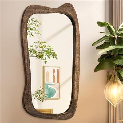 AAZZKANG Large Irregular Wall Mirror with Wood Framed 70x40cm Vintage Asymmetrical Hanging Mirrors for Bathroom Bedroom Living Room Entryway Brown : A