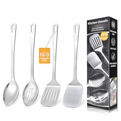 4 Pcs Cooking Utensils Set, Stainless Steel Kitchen Utensils, Heat Resistant Metal Kitchen Tools Include Solid & Slotted Turner Wok Spatula, Serving S