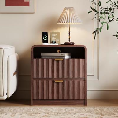 FURSUN 24 Fluted Nightstand with Charging Station, Wooden End Table with 2 Drawers Storage, Curved Profile Design, Modern Bedside Cabinet for Bedroom