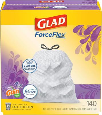 Amazon.com: Glad ForceFlex Tall Kitchen Trash Bags, 13 Gallon, Gain Lavender, 140 Count (Package May Vary) : Health & Household