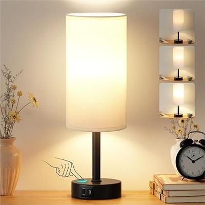 PreeOtti Bedside Lamps, Touch Lamps Bedside with 3-Way Dimmable & Dual USB Charging Ports, Minimalist Table Lamp for Living Room, Dorm, Home Office, W
