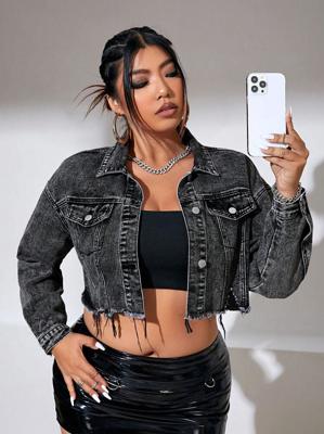 SHEIN ICON Plus Size Womens Spring & Fall Casual Frayed Hem Long Sleeve Cropped Denim Jacket | SHEIN USA