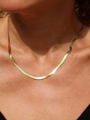 18K Gold Plated 304 Stainless Steel Fish Bone Chain Necklace For Women, Waterproof Flat Snake Chain Choker, Minimalist Daily Wear Jewelry Gift | SHEIN