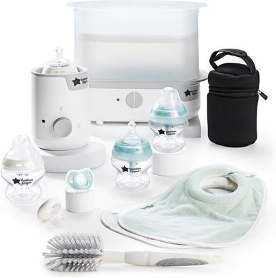 Tommee Tippee Complete Feeding Set, White, with Electric Steam Steriliser, Newborn Self-Sterilising Baby Bottles and Easiwarm Bottle Warmer, Essential