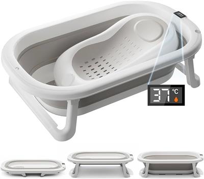 DEANIC Baby Bath Tub with Thermometer, Foldable Baby Bath with Bath Support Seat, Portable Bathtub f
