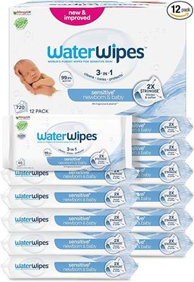 WaterWipes Sensitive  Newborn & Baby Wipes, 720 Wipes (12 Packs), 3-in-1 Cleaning, Care, Protection,