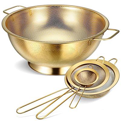 Norme 5 Quart Stainless Steel Gold Colander and 3 Pcs Gold Fine Mesh Strainer, Stainless Steel Pasta Rice Food Metal Strainer with Handles, Easy Clean