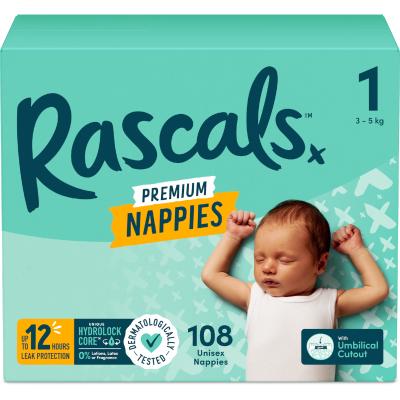 Rascals Premium Nappies Unisex 3-5kg Newborn 108pk | Baby & Toddler | PAKnSAVE