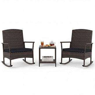 Costway 3 Piece Patio Rocking Set Wicker Rocking Chairs with 2-Tier Coffee Table - Macys