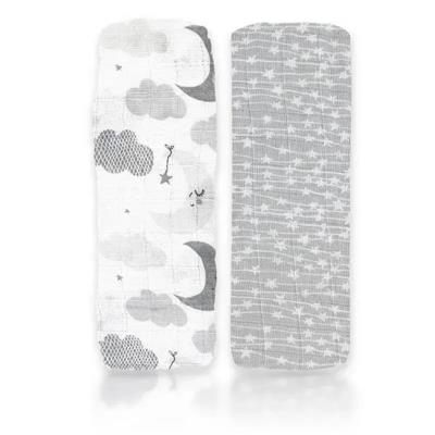 Rose Textiles - 2Pk Baby Muslin Swaddle Blankets, Grey Star/Wave