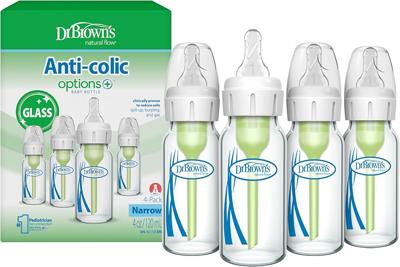 Amazon.com : Dr. Browns Anti-Colic Options+ Narrow Glass Baby Bottle with Level 1 Slow Flow Nipple, BPA-Free, 8 oz/250 mL, 0m+, 4-Pack (Packaging May