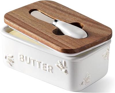 Amazon.com | LE TAUCI Butter Dish with Lid for Countertop, Ceramic Butter Container, Embossed Butter Keeper with Acacia Wood lid, Knife, and Airtight