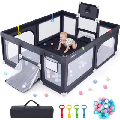 INFANS 74 x 62 Baby Playpen with Soft Mat, Basketball Hoop, 2 Soccer Goals, 4 Handles & 50 Ocean Balls, Breathable Mesh, Indoor & Outdoor Large Play