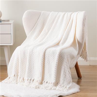 Battilo Cream Throw Blanket for Couch, Textured Knitted Throw Blanket with Tassels, Couch Cover Blanket Warm Decorative White Throw Blanket for Sofa L