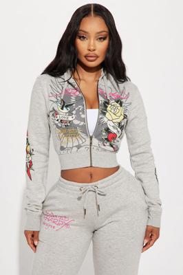 Ed Hardy Rose And Sword Zip Front Hoodie - Heather Grey | Fashion Nova