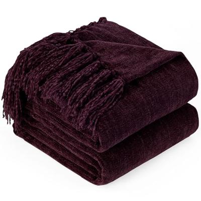 GINAMUSE Chenille Throw Blanket for Couch with Tassels,60X80 Soft Cozy Lightweight Knitted Boho Decorative Blankets for Bed and Sofa,Aubergine