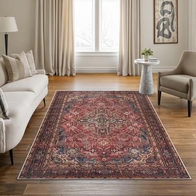 Bloom Rugs Washable Non-Slip 4 x 6 Rug - Red/Teal Blue/Yellow Traditional Medallion Area Rug for Living Room, Bedroom, Dining Room, and Kitchen - Ex