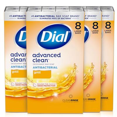 Dial Antibacterial Deodorant Bar Soap, Advanced Clean Gold, 4 Oz, 32 Bars, Round the Clock Odor Protection, Dermatologist Tested, With Clean Rinse Tec