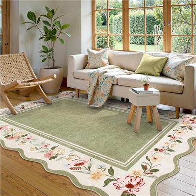 Amazon.com: Lahome Floral Scalloped Rug 5x7, Green Rugs for Living Room Ultra-Thin, Vintage Boho Washable Area Rug 5x7 Soft Bedroom Rugs Non-Slip Thro