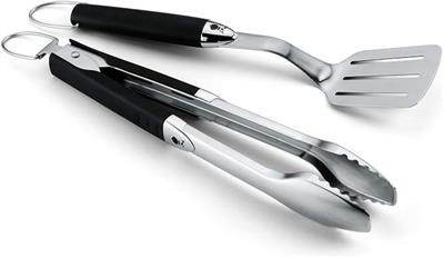 Weber Premium Grill Tool Set - Compact, 2-piece Made of Stainless Steel, consisting of Grill Tongs (38cm) and Turner (35cm), with Practical Handles, D
