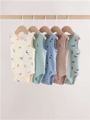 Buy Teal Blue Miniprint Baby Vests 5 Pack from Next Australia