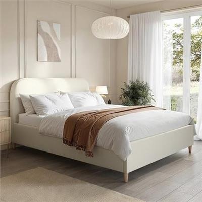 Cream Upholstered King Size Bed Frame with Curved Headboard