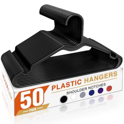 HOUSE DAY Black Plastic Hangers 50 Pack - Made in USA - Lightweight & Slim Space Saving Clothes Hanger with Shoulder Grooves for Dresses, Lingerie, Sh
