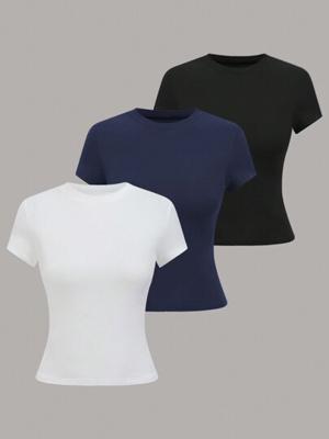 Plivvot Womens Casual Solid Color Black And White Short Sleeve T-Shirt Tops,Summer Everyday Fall Winter Halloween Work Office Party Tops | SHEIN USA