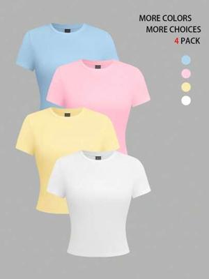 EMERY ROSE 4pcs Women Solid Color Crop Fitted Crew Neck Short Sleeve T-Shirts | SHEIN USA
