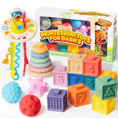 Joyfy Montessori Toys for Baby 0-3-6-12 Months, 4-in-1 Food-Grade Sensory Toys, Infant Stacking Circles Teether, Learning Gifts for Baby Girls Boys :