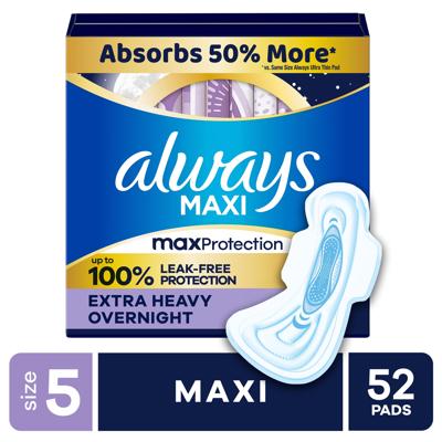 Always Maxi Overnight Pads with Wings for Women, Size 5, Extra Heavy Overnight Absorbency, Unscented, 52 Count HSA/FSA Eligible - Walmart.com