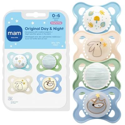 MAM Original Baby Pacifiers 0-6 Months, Binky for Newborn Babies, BPA-Free Skin Soft Silicone Nipple, Glows in The Dark, Developed with Medical Expert