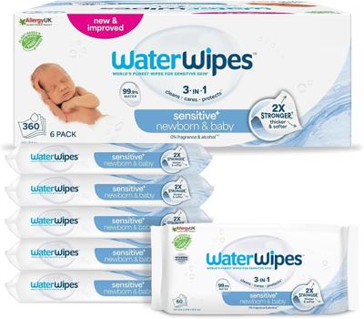 WaterWipes Sensitive+ Newborn & Baby Wipes, 360 Count (6 Packs), 3-In-1 Cleans, Cares, Protects, 99.9% Water, Unscented : Amazon.co.uk: Health & Perso