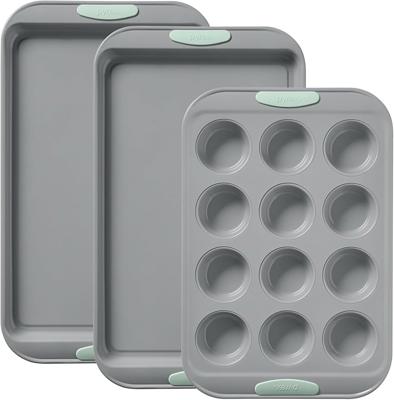 Amazon.com: Pyrex 3-Piece Metal Cookie & Muffin Sheet Bakeware Set, Lightweight Stainless Steel Baking Trays with Heatsafe Silicone Handles, Cookie Mu
