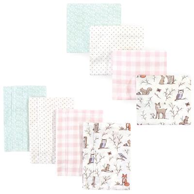 Hudson Baby Infant Girl Cotton Flannel Burp Cloths and Receiving Blankets, 8-Piece, Enchanted Forest
