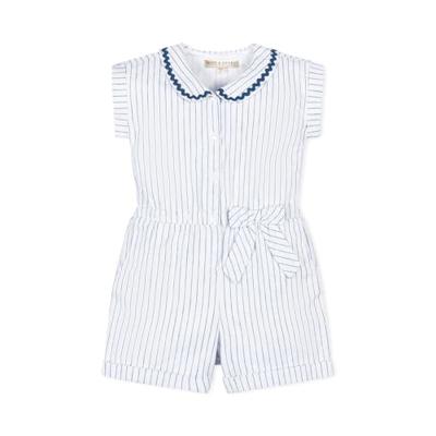 Hope & Henry Girls Girls Linen Peter Pan Collar Button Front Romper, 5, White Court Pinstripe